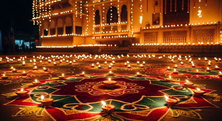 Beautiful Diwali night with traditional oil lamps illuminating vibrant rangoli.の素材