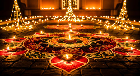 Traditional rangoli with illuminated diyas, celebrating Diwali and Indian culture.の素材