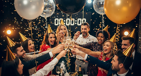 Diverse group of happy friends toasting with champagne on New Year's Eve, surrounded by confetti and balloons at a festive party.の素材