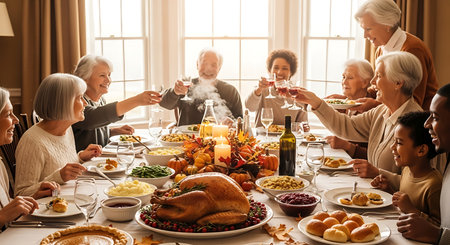 Joyful multi-generational family raises a toast at Thanksgiving dinner.の素材