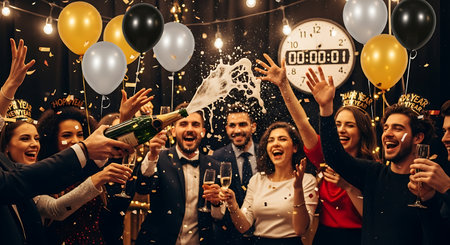 Diverse friends celebrate New Year's Eve, champagne popping, confetti, balloons.の素材