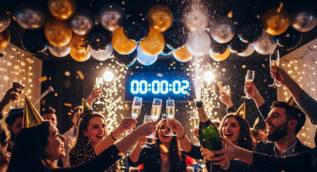 Festive moment as friends celebrate New Year's Eve with champagne, confetti, and a countdown timer.の素材