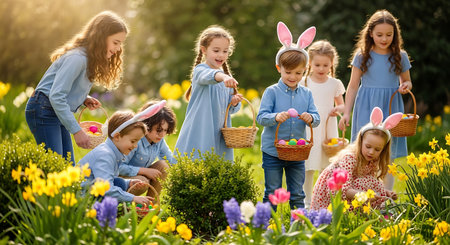 Happy kids with bunny ears hunting Easter eggs in a vibrant spring gardenの素材