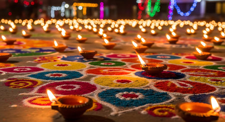 Beautifully arranged diyas light up intricate rangoli patterns, symbolizing festive cheer.の素材