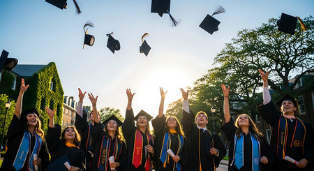 Diverse graduates celebrate achievement, tossing caps on campus at sunset.の素材