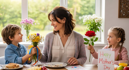 Joyful family moment: Kids give mom flowers and card on Mother's Day.の素材
