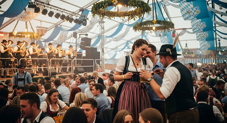 A grand tent filled with joyful revelers, traditional band, and flowing beer at Oktoberfest.の素材