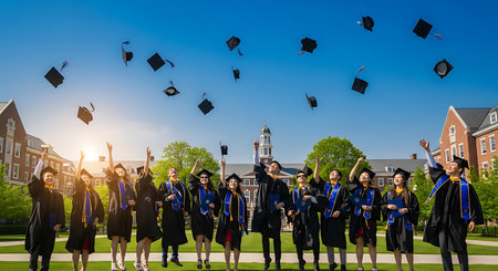 Diverse graduates celebrate academic achievement by tossing caps on a sunny university campus.の素材