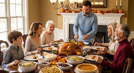 Happy family gathers for holiday dinner with roasted turkey and autumn decor.の素材