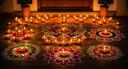 Colorful rangoli patterns and glowing traditional diyas create a festive Indian atmosphere.の素材