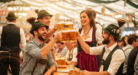 Friends in Bavarian attire toasting beer at Oktoberfest, celebrating with joy.の素材