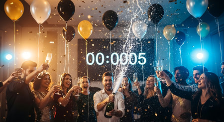 Joyful friends pop champagne and toast amidst confetti at a festive party.の素材