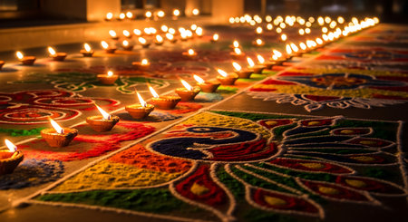 Rows of lit diyas illuminate vibrant rangoli patterns for festive celebrations.の素材