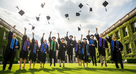 Joyful graduates jump and toss caps on a sunny campus, celebrating success.の素材