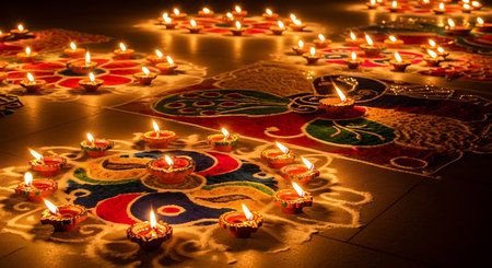Warm glow of traditional Indian diyas on intricate rangoli designs at night.の素材