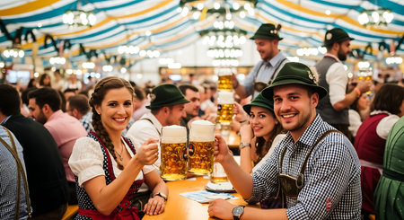 Smiling couple in traditional Bavarian attire toasting beer at Oktoberfest.の素材