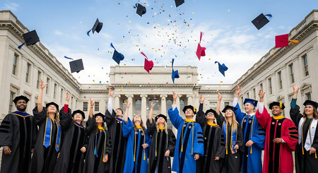 Diverse graduates celebrate achievement, tossing caps & confetti.の素材
