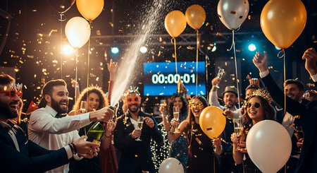 Cheerful young men and women drinking champagne and dancing in night clubの素材