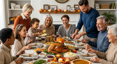 happy family with turkey at thanksgiving dinner party on blurred background, panoramaの素材