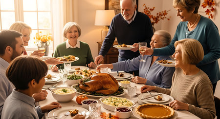 Happy family having a Thanksgiving dinner at home. Selective focus.の素材