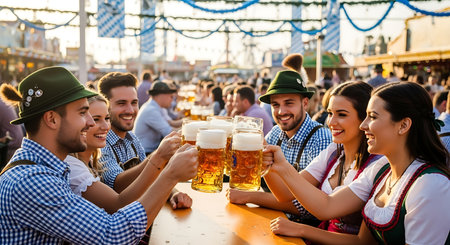 Group of happy young people in traditional Bavarian clothes drinking beer and having fun on Oktoberfestの素材