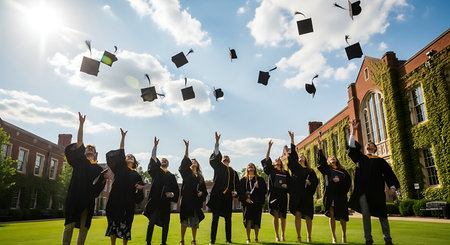 Group of students throwing up graduation caps in the air. Education concept.の素材