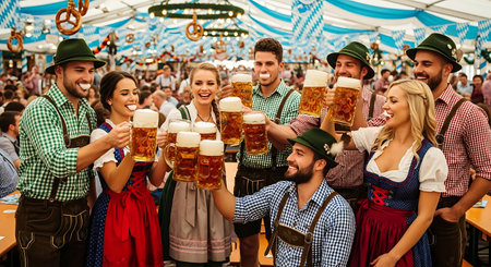 Joyful friends in Dirndl and Lederhosen celebrate Oktoberfest with beer.の素材