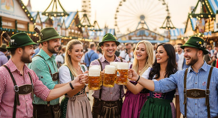 Young adults in traditional attire toasting beer at a lively Oktoberfest festival.の素材