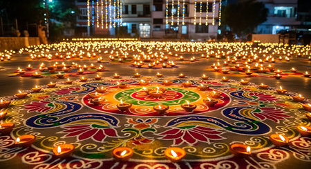 Colorful rangoli art with countless glowing diyas at night during Diwali festival.の素材