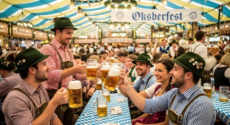 Group of joyful young adults raising beer mugs in a bustling Oktoberfest tent.の素材