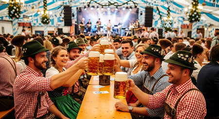 Happy group in traditional Bavarian outfits toasting with beer at Oktoberfest.の素材