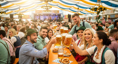 Happy friends in traditional Bavarian attire toasting beer at Oktoberfestの素材