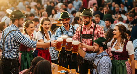 Friends in Bavarian attire cheering with beer at lively Oktoberfest festival.の素材