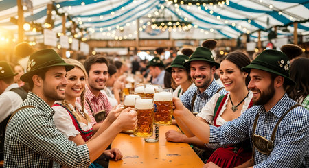 Joyful young adults clinking beer steins at a vibrant Oktoberfest event.の素材