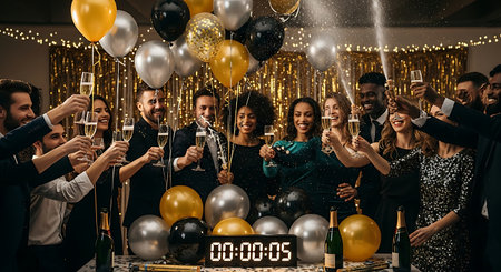 Diverse friends toast champagne at a festive New Year's Eve party.の素材