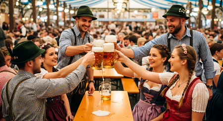 Friends in traditional Bavarian attire toast with beer steins at Oktoberfest.の素材