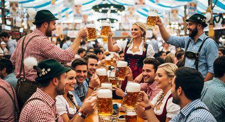 Lively group celebrating Oktoberfest, toasting with beer in traditional Bavarian clothing.の素材