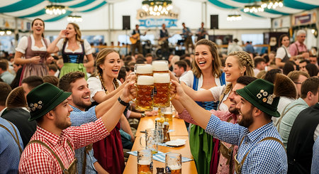 Group of happy friends in traditional costumes celebrating Oktoberfest with beer.の素材