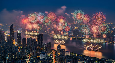 Colorful fireworks illuminate the night sky above a vibrant city and river.の素材