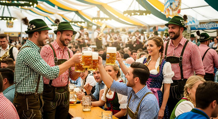 Friends in traditional Bavarian attire toasting beer at a lively festival.の素材