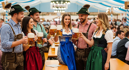 Happy friends in traditional Bavarian attire celebrate Oktoberfest, toasting beer.の素材