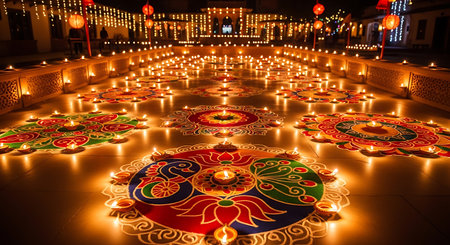 Stunning display of traditional diyas and colorful rangoli during Diwali.の素材