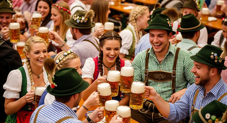 Smiling people in dirndl and lederhosen celebrating at beer festival.の素材