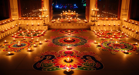 Warm glow of traditional diyas and vibrant rangoli patterns at Diwali.の素材