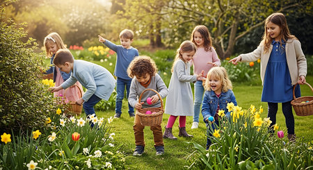 Diverse kids enjoying a lively Easter egg hunt in a sunny spring garden filled with flowers.の素材