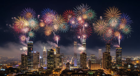 Vibrant fireworks illuminate a modern city skyline at night. Festive celebration.の素材