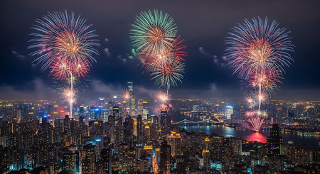 Spectacular firework display over a bustling metropolis at dusk.の素材