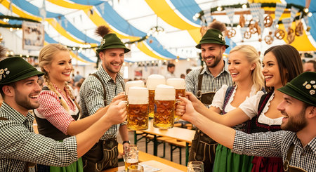 group of happy young people in traditional bavarian clothes drinking beer at oktoberfestの素材