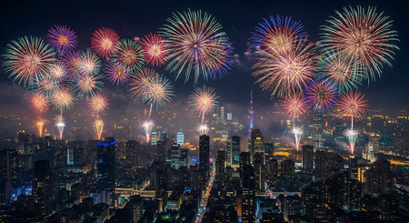 Beautiful firework display over hongkong skyline at nightの素材