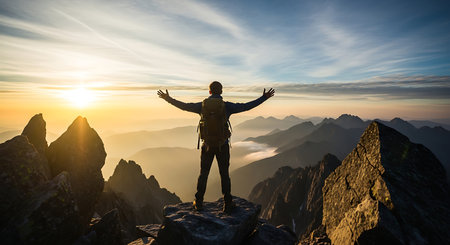 Hiker celebrates triumph on mountain peak at sunrise, arms outstretched. Inspirational adventure.の素材